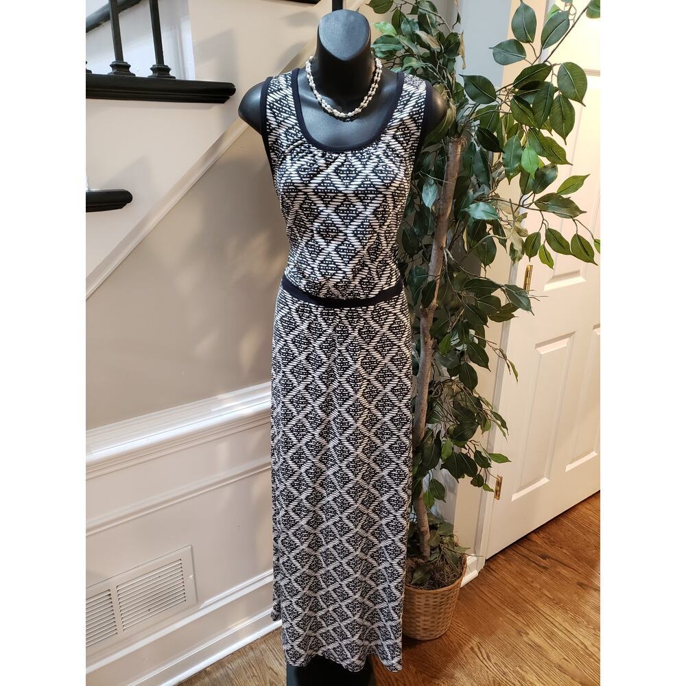 Lands' End Maxi Dress Women Medium Black White Geo Print Empire Waist Sleeveless